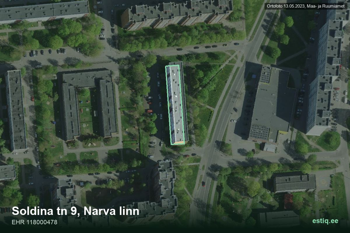 Soldina tänav 9, Narva – hoone aerofoto, kontuur ehitisregistri (EHR) andmetest