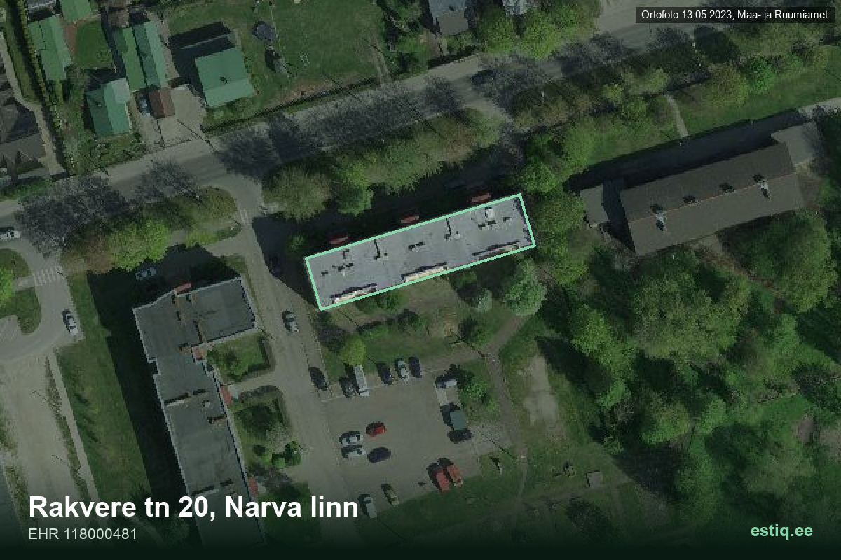 Rakvere tänav 20, Narva – аэрофото дома, контур по данным регистра строений (EHR)