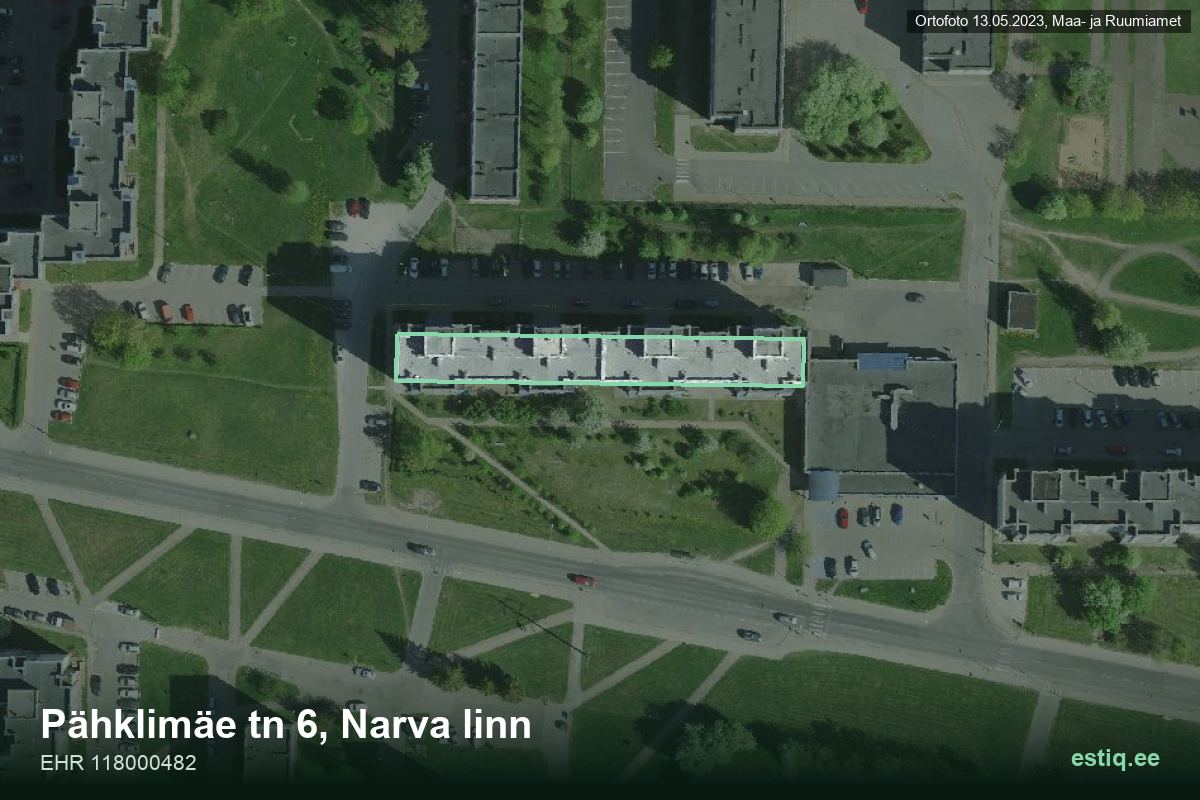 Pähklimäe tänav 6, Narva – ilmakuva rakennuksesta, ääriviiva rakennusrekisteristä (EHR)