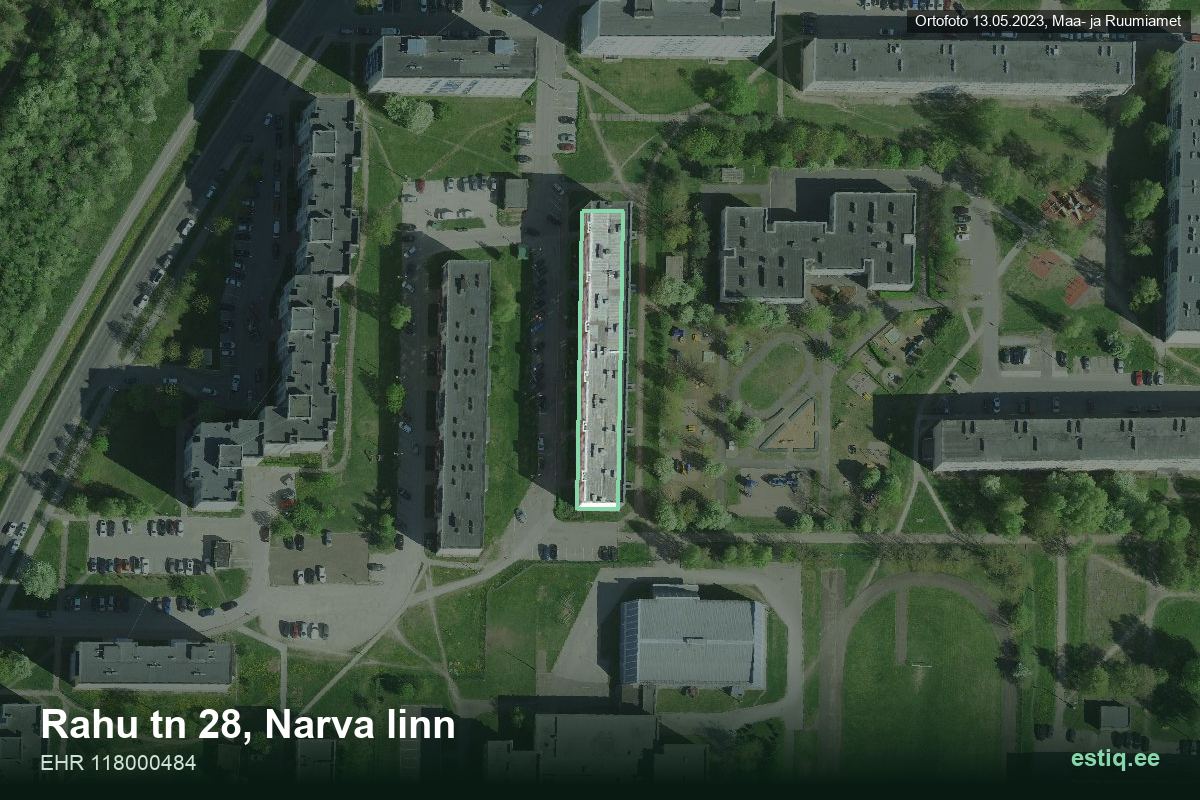 Rahu tänav 28, Narva – аэрофото дома, контур по данным регистра строений (EHR)