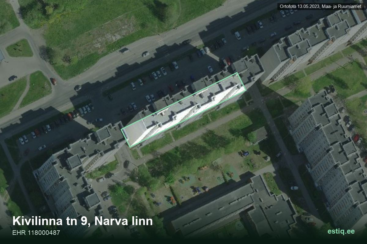 Kivilinna tänav 9, Narva – hoone aerofoto, kontuur ehitisregistri (EHR) andmetest