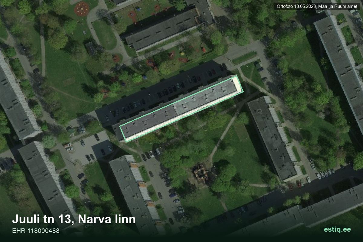 Juuli tänav 13, Narva – hoone aerofoto, kontuur ehitisregistri (EHR) andmetest