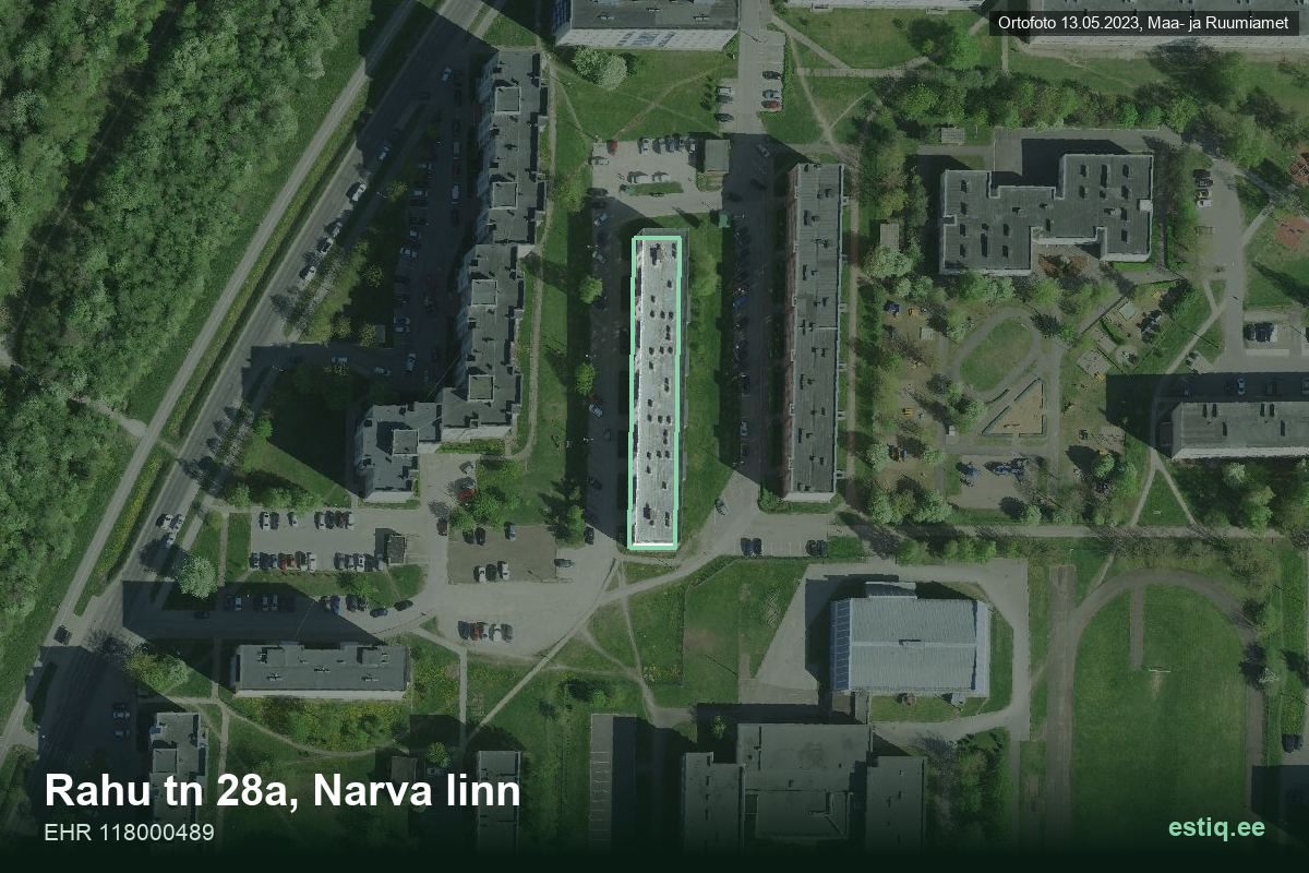 Rahu tänav 28a, Narva – аэрофото дома, контур по данным регистра строений (EHR)