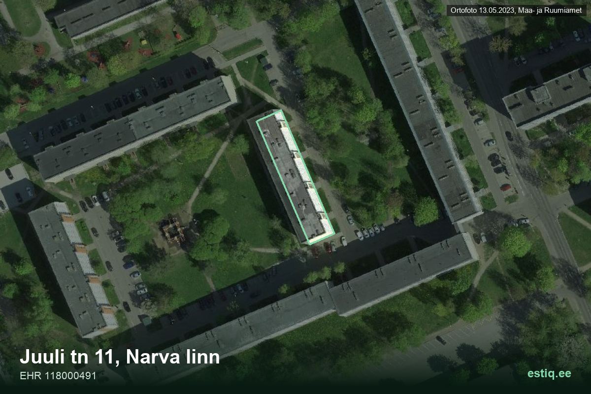Juuli tänav 11, Narva – hoone aerofoto, kontuur ehitisregistri (EHR) andmetest