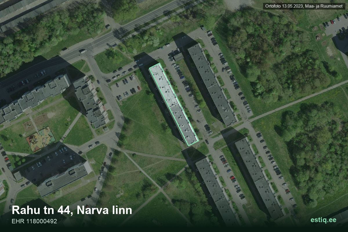 Rahu tänav 44, Narva – hoone aerofoto, kontuur ehitisregistri (EHR) andmetest