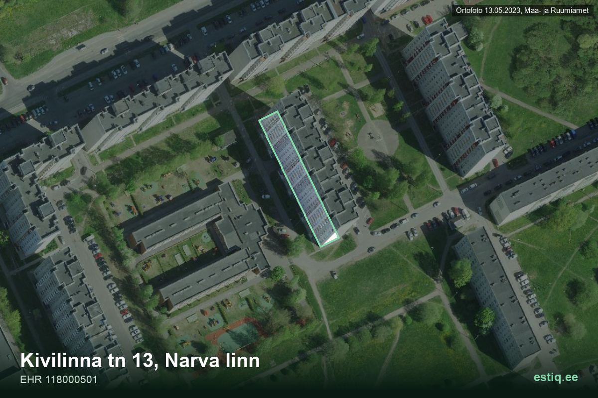 Kivilinna tänav 13, Narva – aerial photo of the building, outline from the Building Register (EHR)
