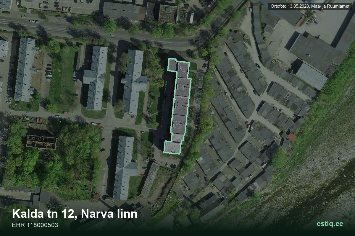 Kalda tänav 12, Narva – ilmakuva rakennuksesta, ääriviiva rakennusrekisteristä (EHR)