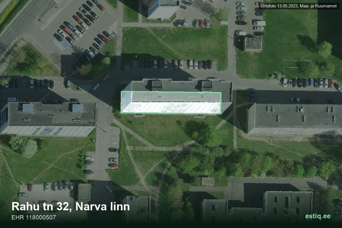 Rahu tänav 32, Narva – аэрофото дома, контур по данным регистра строений (EHR)