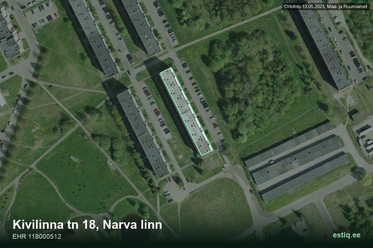 Kivilinna tänav 18, Narva – hoone aerofoto, kontuur ehitisregistri (EHR) andmetest