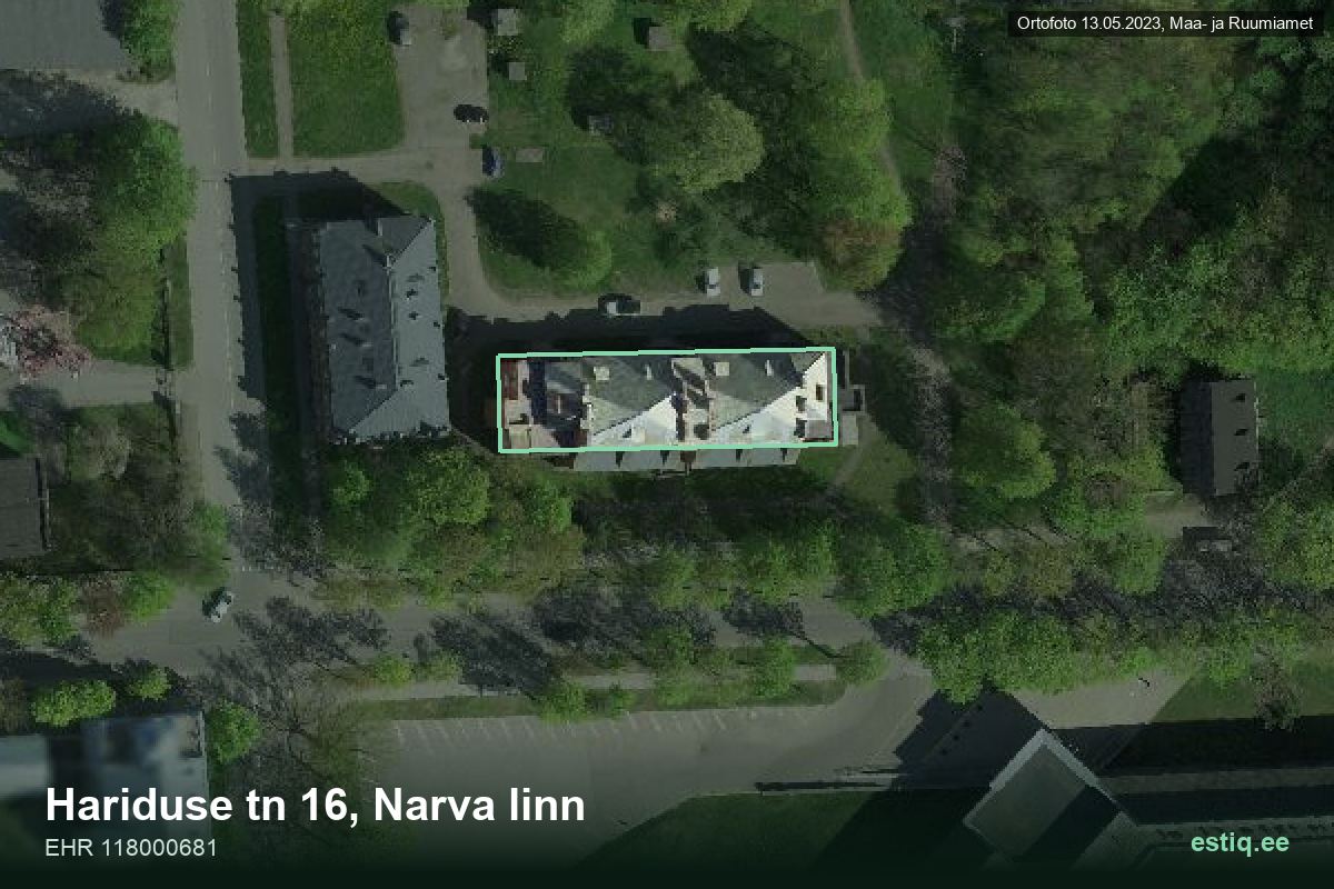 Hariduse tänav 16, Narva – hoone aerofoto, kontuur ehitisregistri (EHR) andmetest