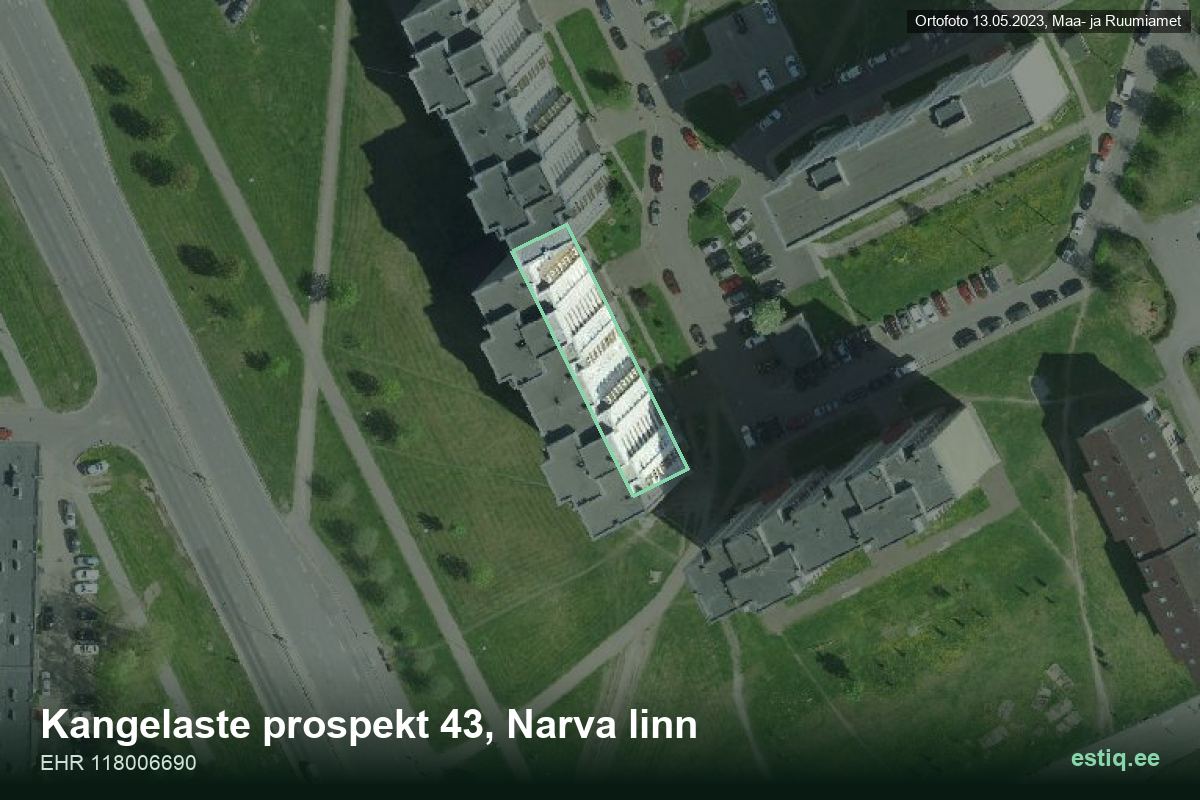 Kangelaste pr 43, Narva – аэрофото дома, контур по данным регистра строений (EHR)