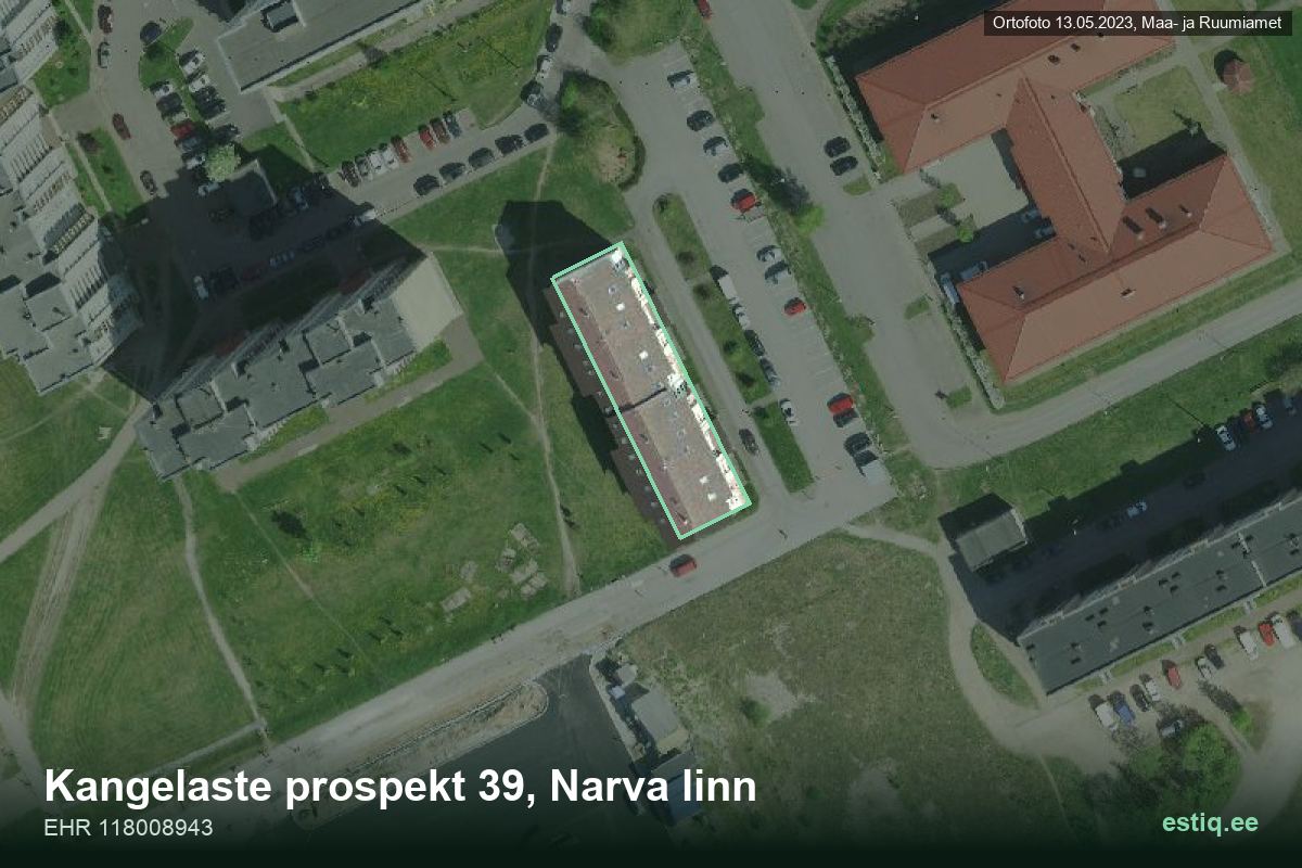 Kangelaste pr 39, Narva – аэрофото дома, контур по данным регистра строений (EHR)