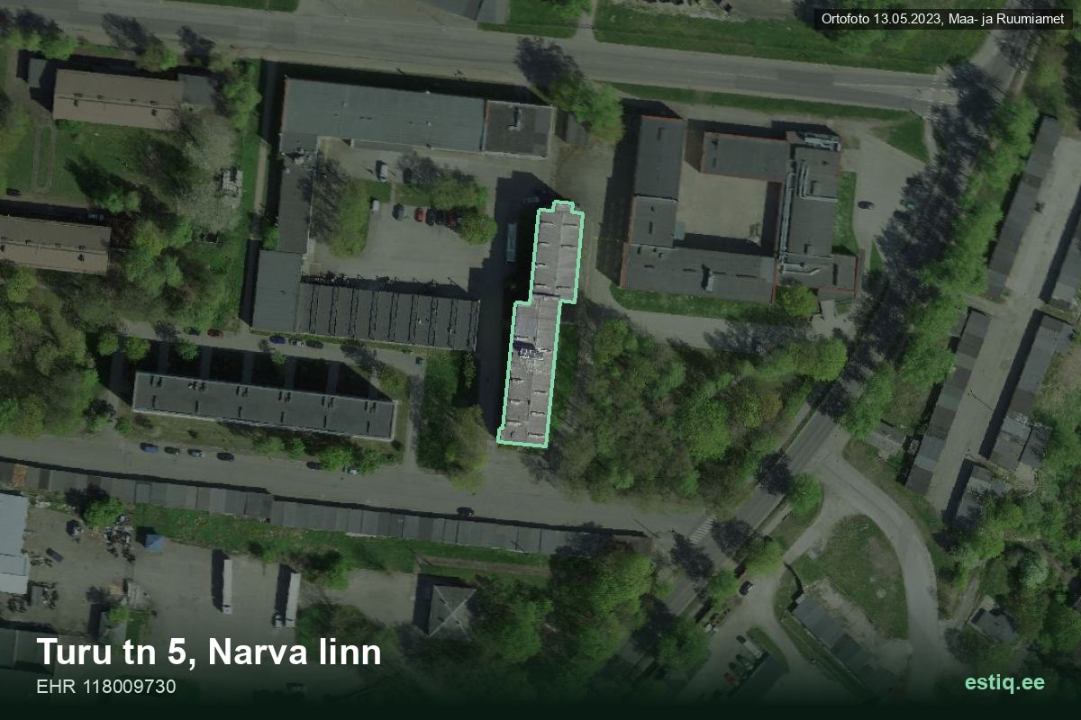 Turu tänav 5, Narva – hoone aerofoto, kontuur ehitisregistri (EHR) andmetest
