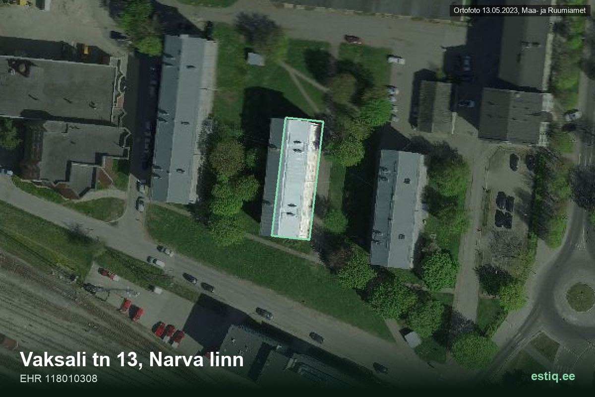 Vaksali tänav 13, Narva – аэрофото дома, контур по данным регистра строений (EHR)