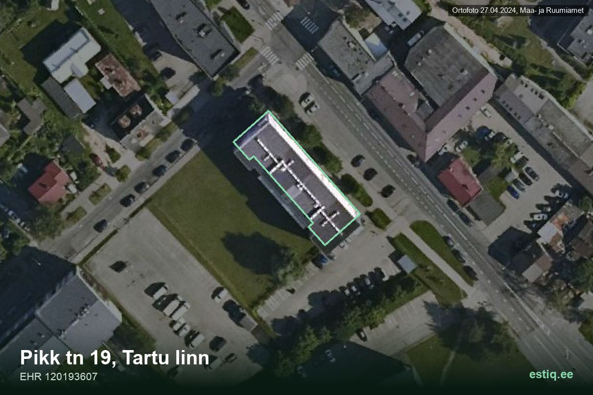 Pikk tänav 19, Tartu – аэрофото дома, контур по данным регистра строений (EHR)