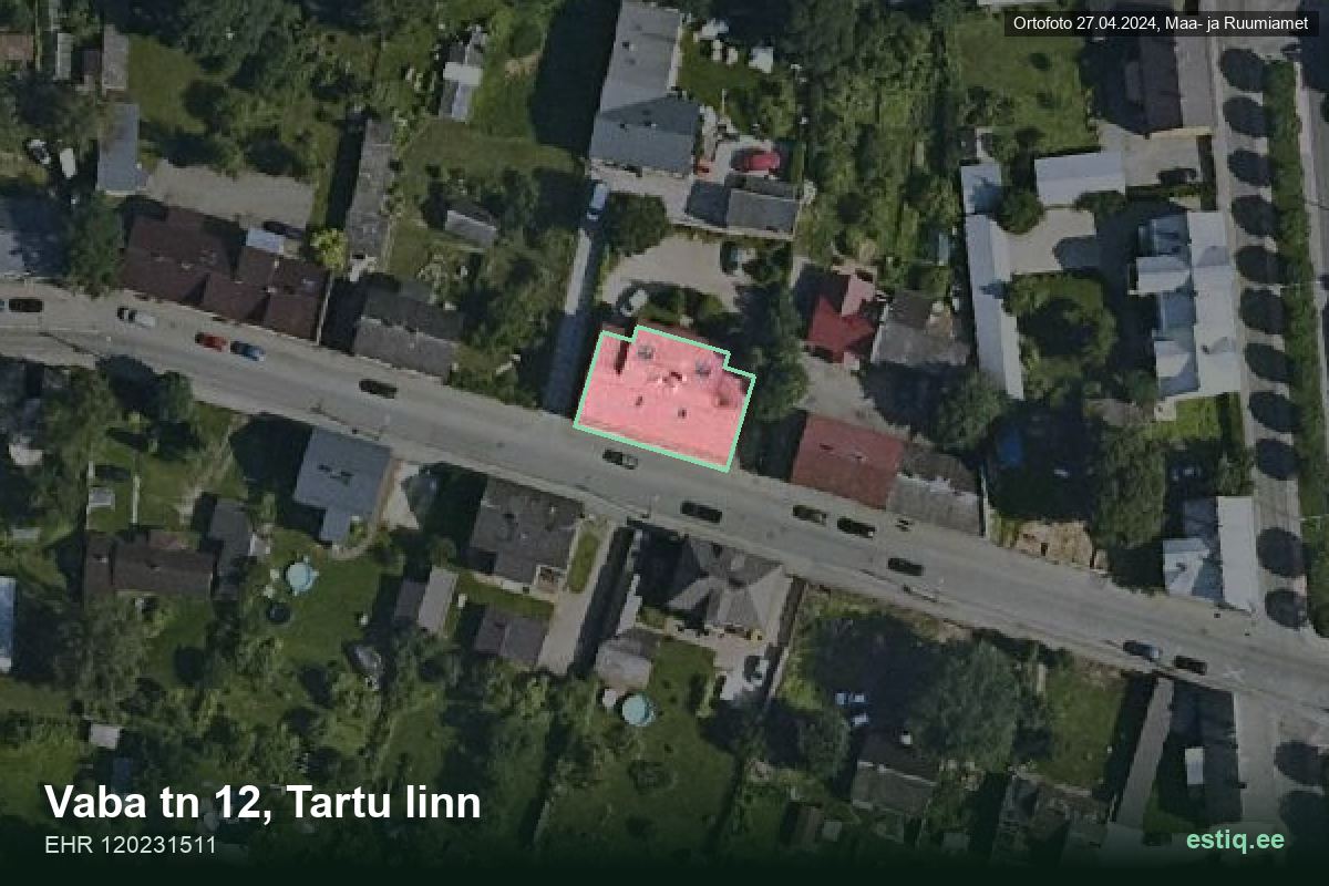 Vaba tänav 12, Tartu – аэрофото дома, контур по данным регистра строений (EHR)