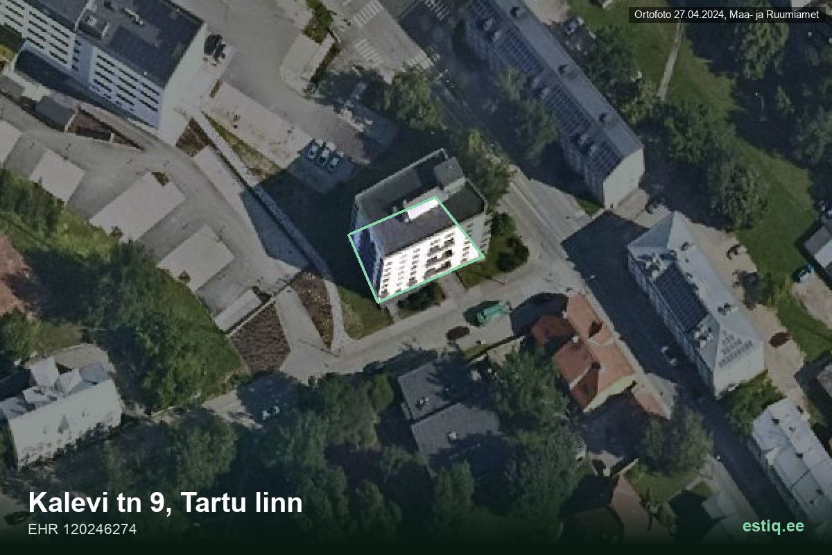 Kalevi tänav 9, Tartu – hoone aerofoto, kontuur ehitisregistri (EHR) andmetest