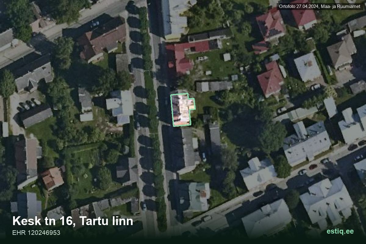 Kesk tänav 16, Tartu – ilmakuva rakennuksesta, ääriviiva rakennusrekisteristä (EHR)