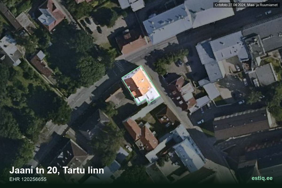Jaani tänav 20, Tartu – аэрофото дома, контур по данным регистра строений (EHR)