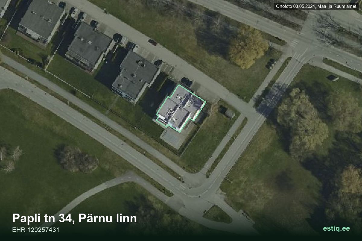 Papli tänav 34, Pärnu – hoone aerofoto, kontuur ehitisregistri (EHR) andmetest