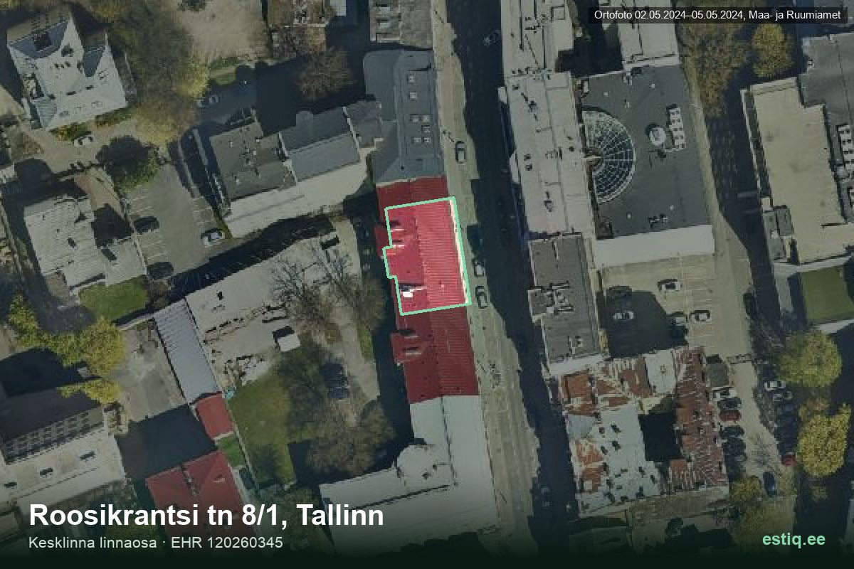 Roosikrantsi tänav 8/1, Tallinn – hoone aerofoto, kontuur ehitisregistri (EHR) andmetest