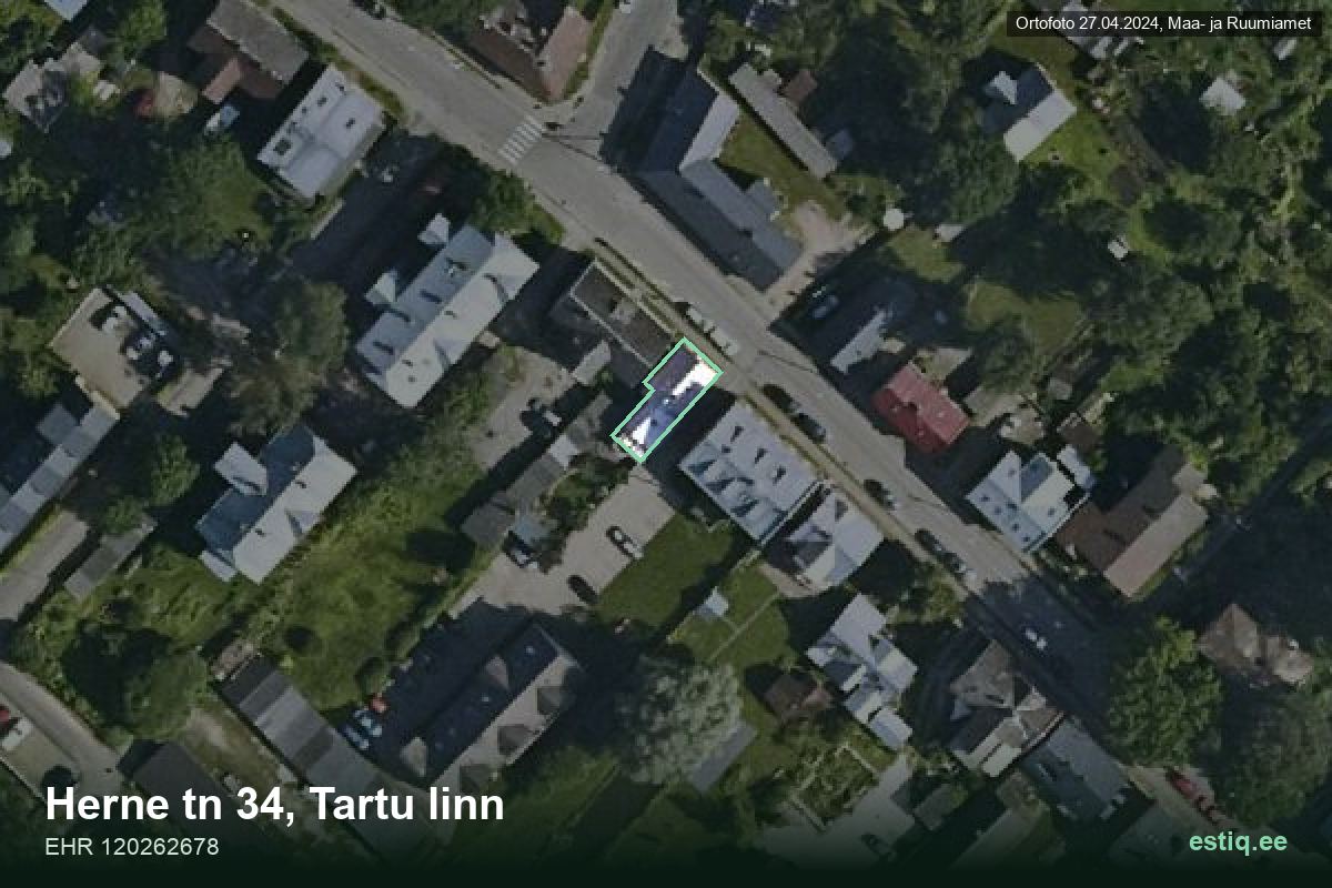 Herne tänav 34, Tartu – ilmakuva rakennuksesta, ääriviiva rakennusrekisteristä (EHR)