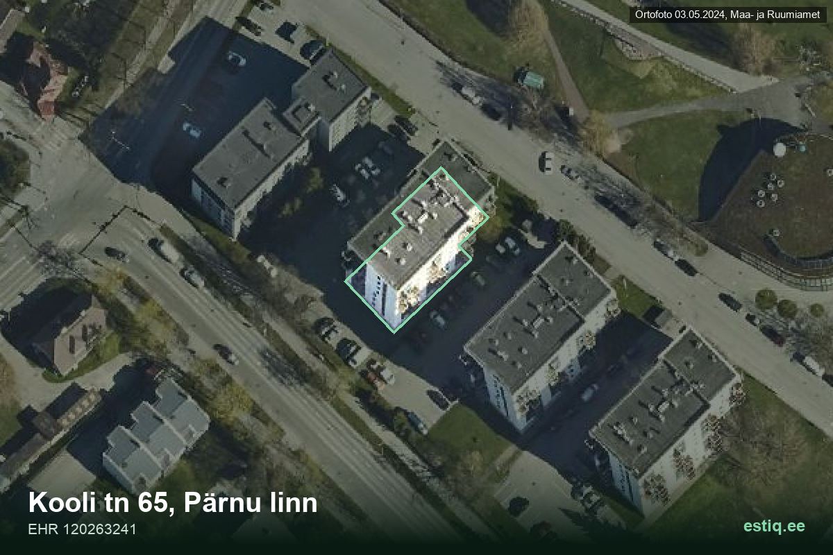 Kooli tänav 65, Pärnu – hoone aerofoto, kontuur ehitisregistri (EHR) andmetest