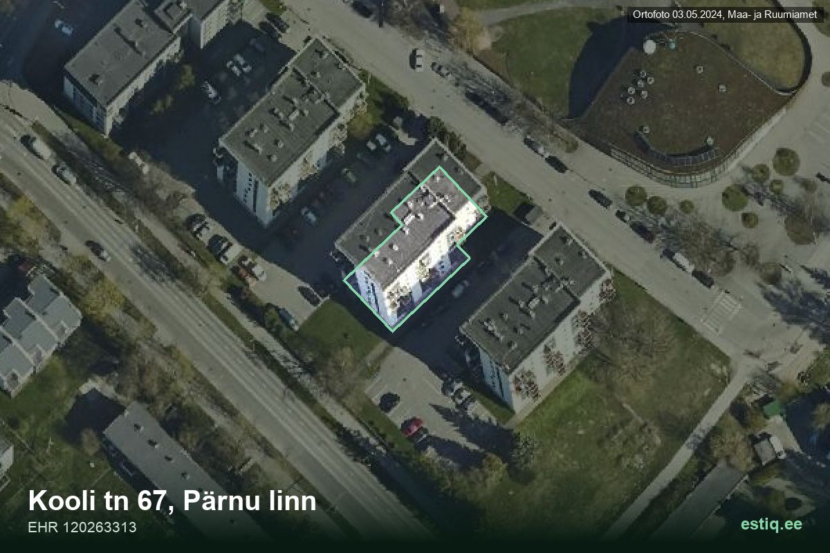 Kooli tänav 67, Pärnu – hoone aerofoto, kontuur ehitisregistri (EHR) andmetest