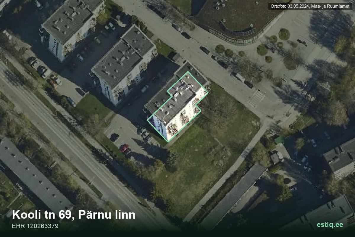 Kooli tänav 69, Pärnu – hoone aerofoto, kontuur ehitisregistri (EHR) andmetest