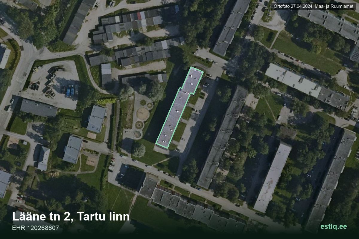 Lääne tänav 2, Tartu – hoone aerofoto, kontuur ehitisregistri (EHR) andmetest