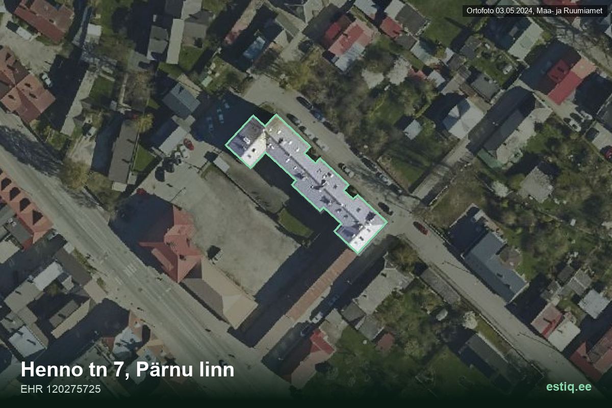 Henno tänav 7, Pärnu – hoone aerofoto, kontuur ehitisregistri (EHR) andmetest