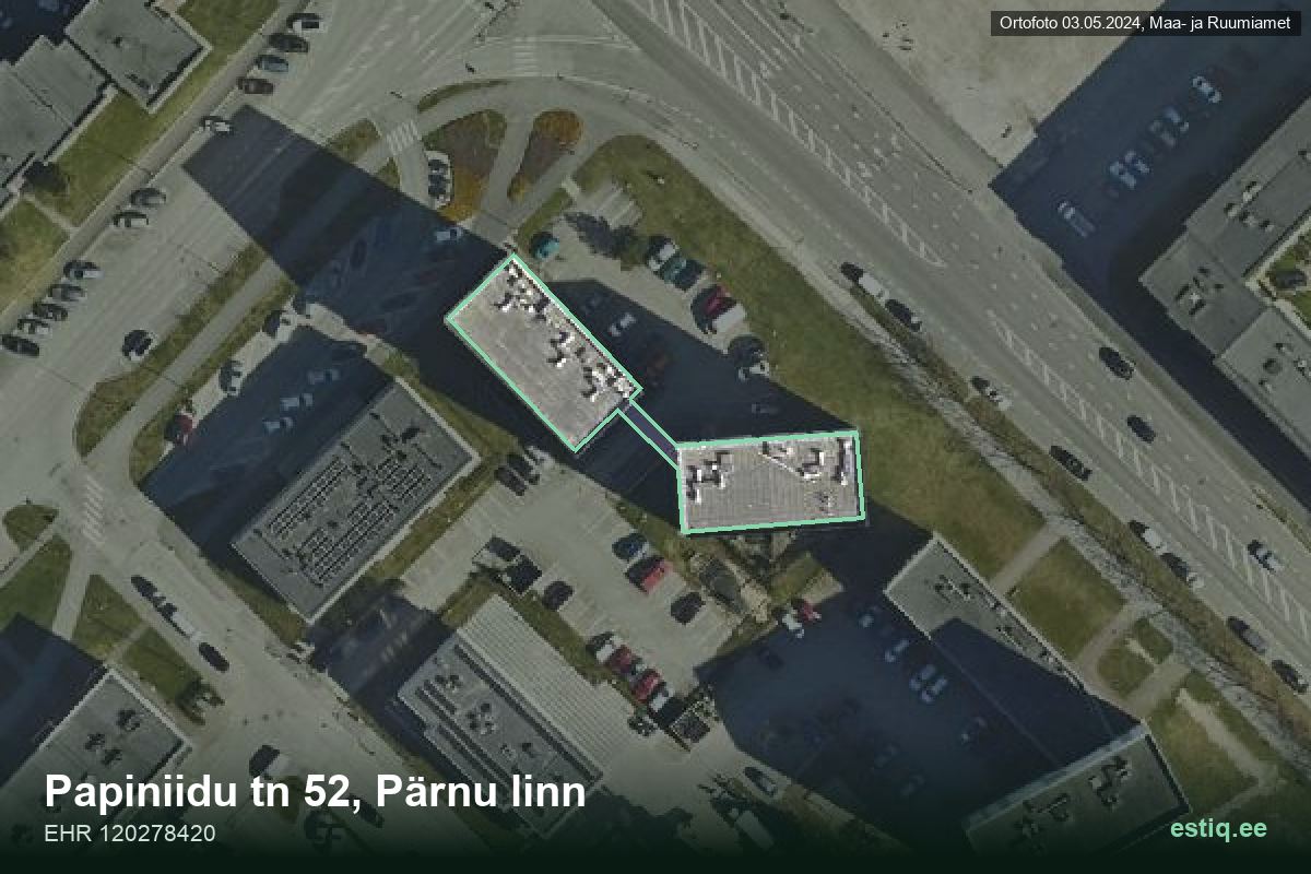 Papiniidu tänav 52, Pärnu – hoone aerofoto, kontuur ehitisregistri (EHR) andmetest