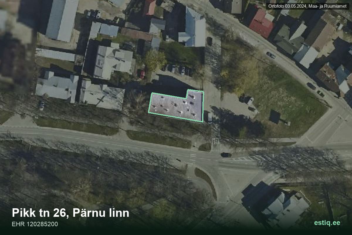 Pikk tänav 26, Pärnu – аэрофото дома, контур по данным регистра строений (EHR)
