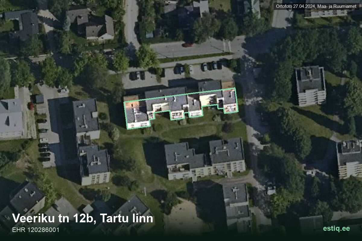 Veeriku tänav 12b, Tartu – аэрофото дома, контур по данным регистра строений (EHR)