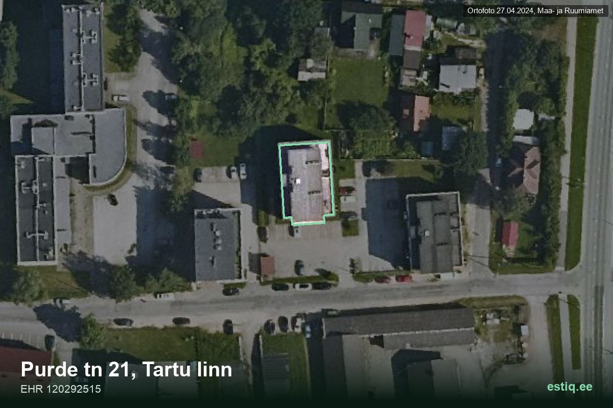 Purde tänav 21, Tartu – аэрофото дома, контур по данным регистра строений (EHR)