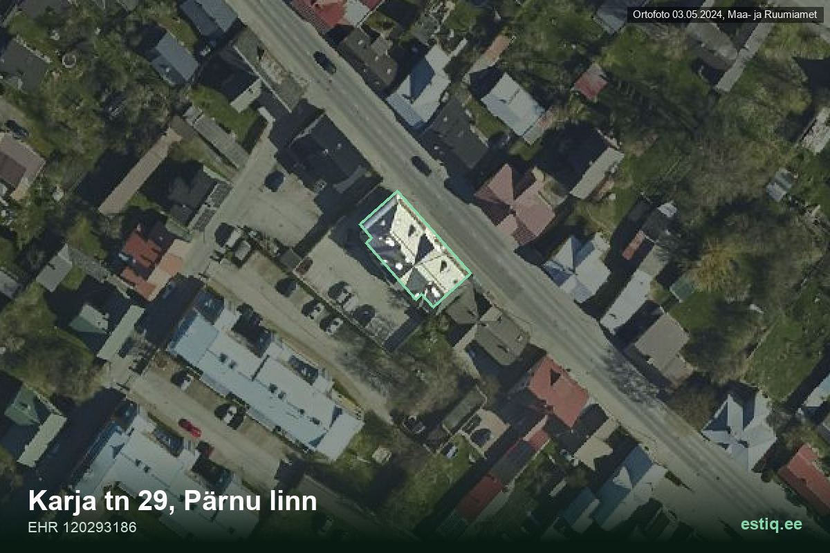 Karja tänav 29, Pärnu – hoone aerofoto, kontuur ehitisregistri (EHR) andmetest