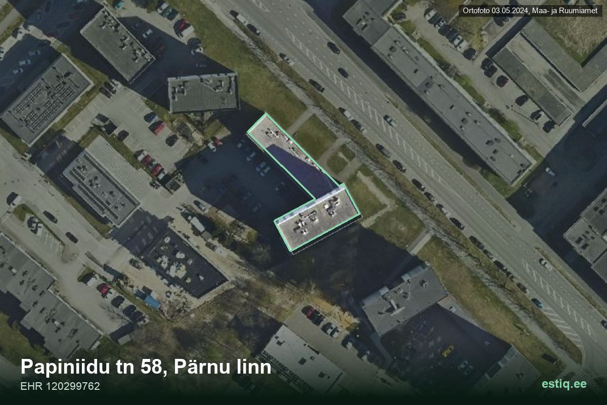 Papiniidu tänav 58, Pärnu – hoone aerofoto, kontuur ehitisregistri (EHR) andmetest