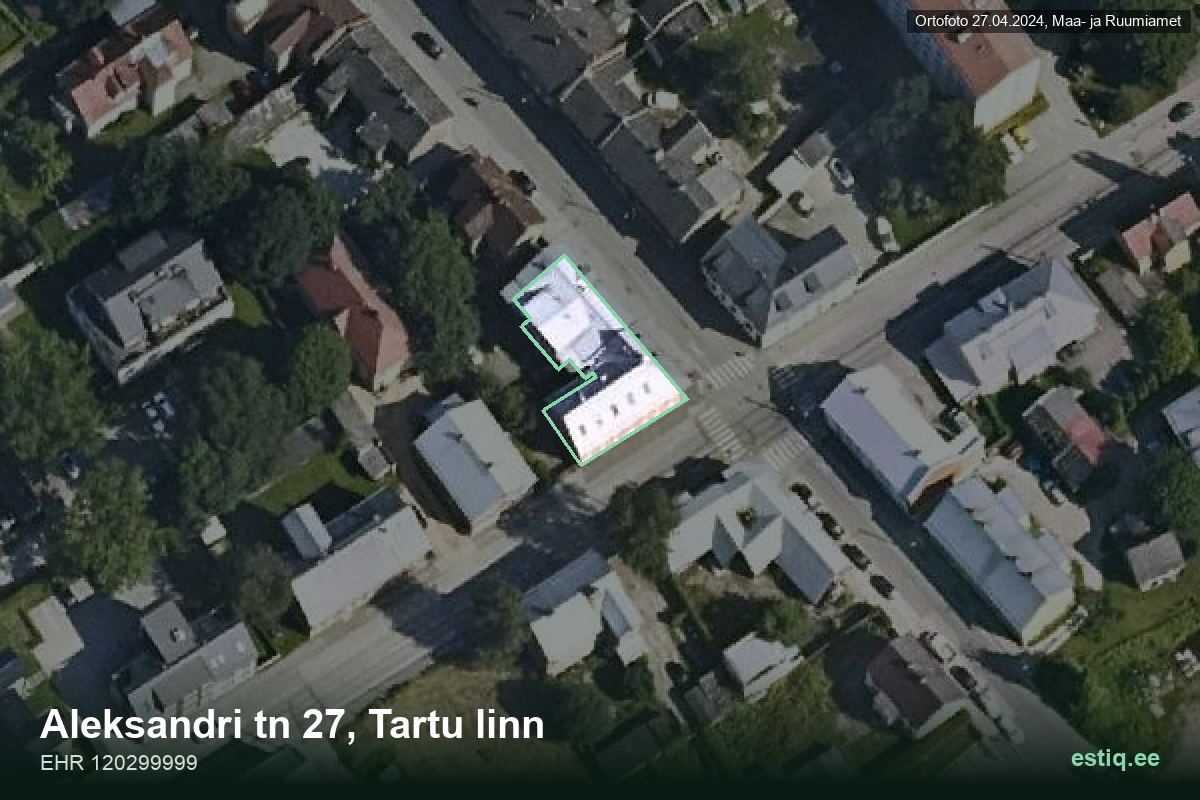Aleksandri tänav 27, Tartu – ilmakuva rakennuksesta, ääriviiva rakennusrekisteristä (EHR)