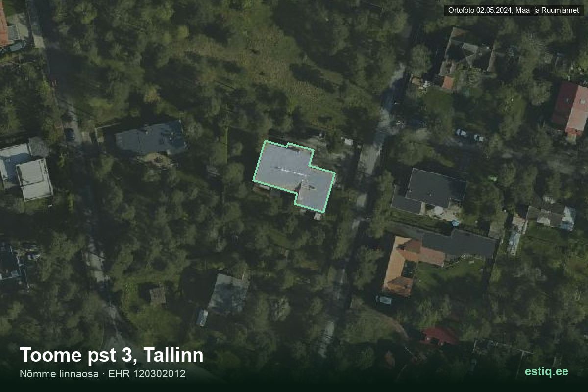 Toome pst 3, Tallinn – аэрофото дома, контур по данным регистра строений (EHR)