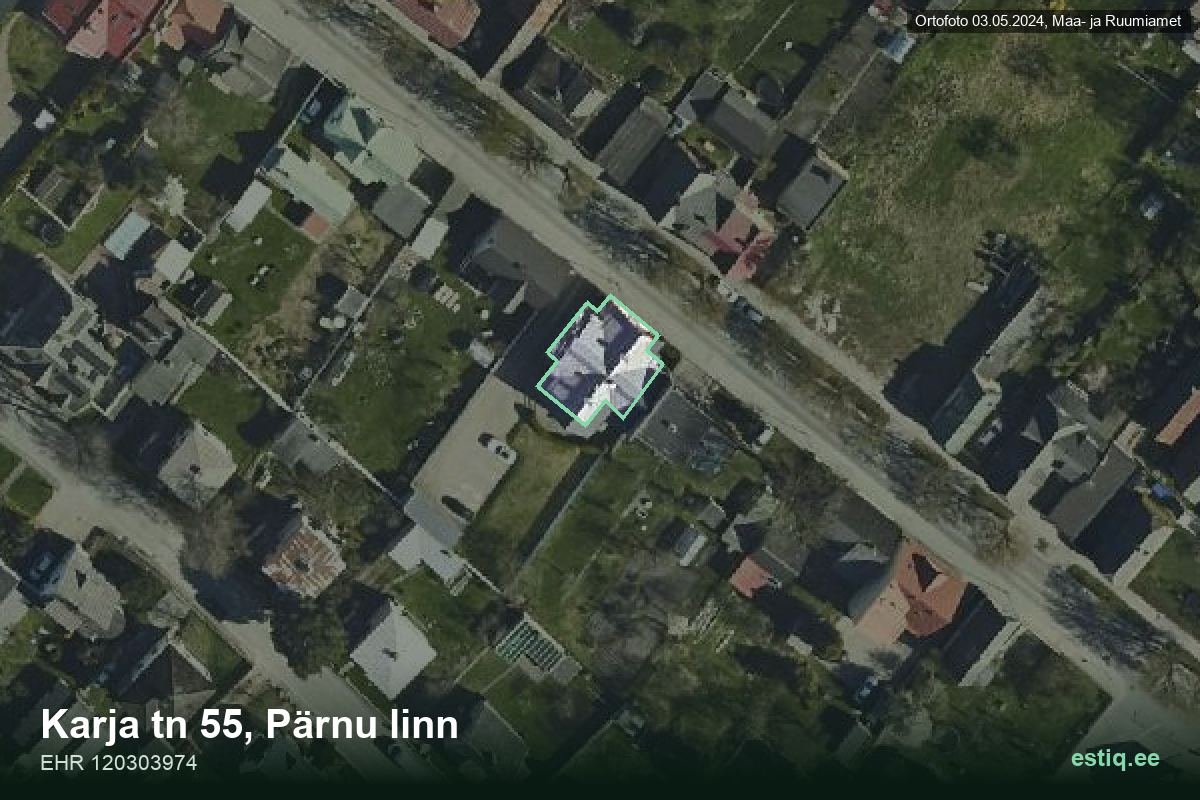 Karja tänav 55, Pärnu – hoone aerofoto, kontuur ehitisregistri (EHR) andmetest