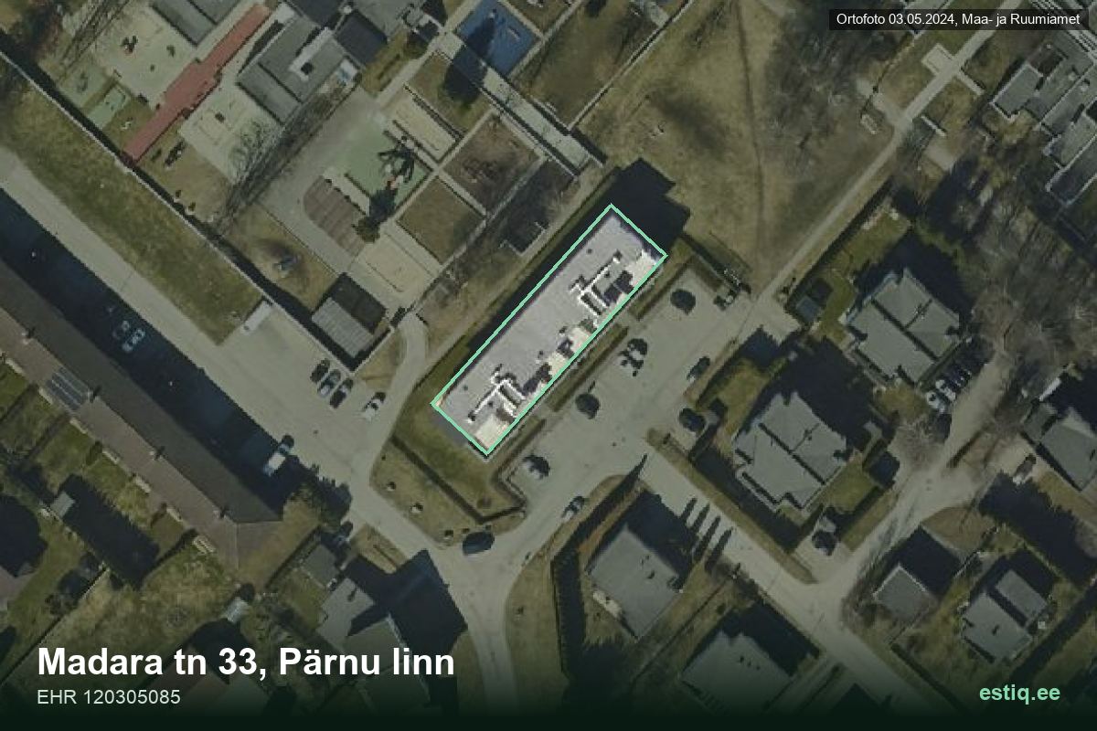 Madara tänav 33, Pärnu – ilmakuva rakennuksesta, ääriviiva rakennusrekisteristä (EHR)