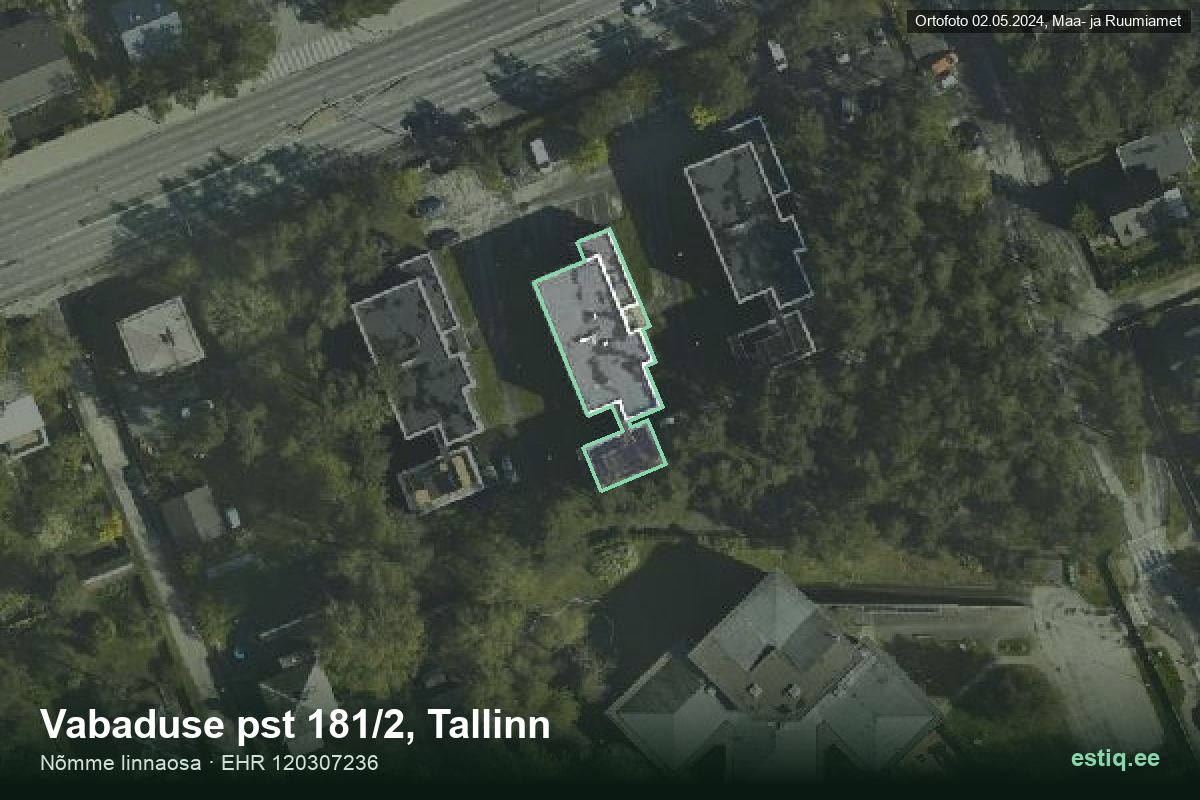 Vabaduse pst 181/2, Tallinn – аэрофото дома, контур по данным регистра строений (EHR)