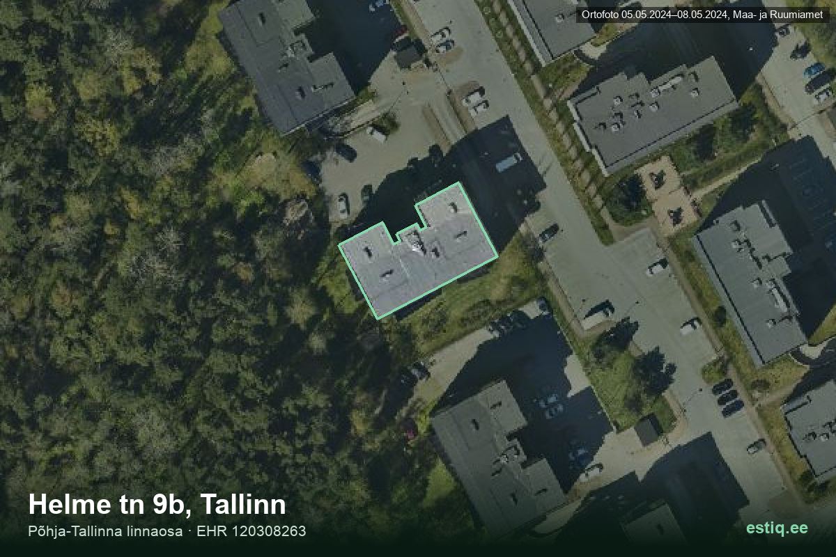 Helme tänav 9b, Tallinn – аэрофото дома, контур по данным регистра строений (EHR)