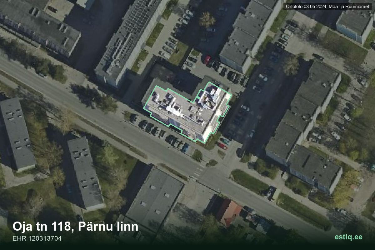 Oja tänav 118, Pärnu – hoone aerofoto, kontuur ehitisregistri (EHR) andmetest