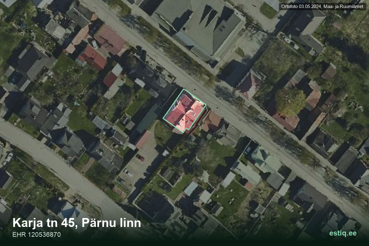Karja tänav 45, Pärnu – hoone aerofoto, kontuur ehitisregistri (EHR) andmetest