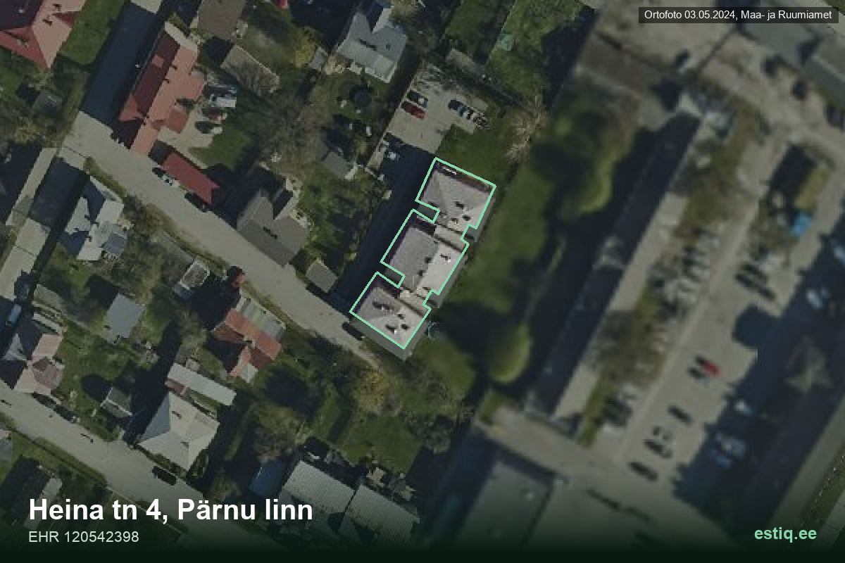Heina tänav 4, Pärnu – hoone aerofoto, kontuur ehitisregistri (EHR) andmetest