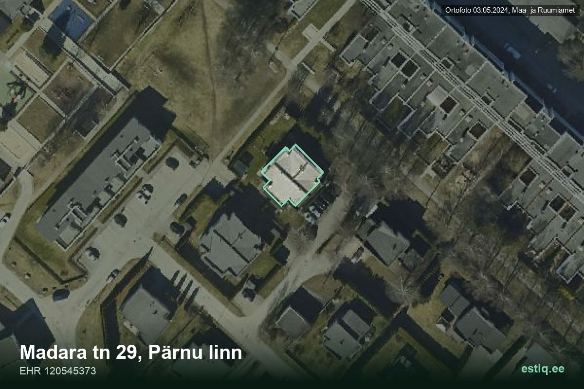 Madara tänav 29, Pärnu – ilmakuva rakennuksesta, ääriviiva rakennusrekisteristä (EHR)