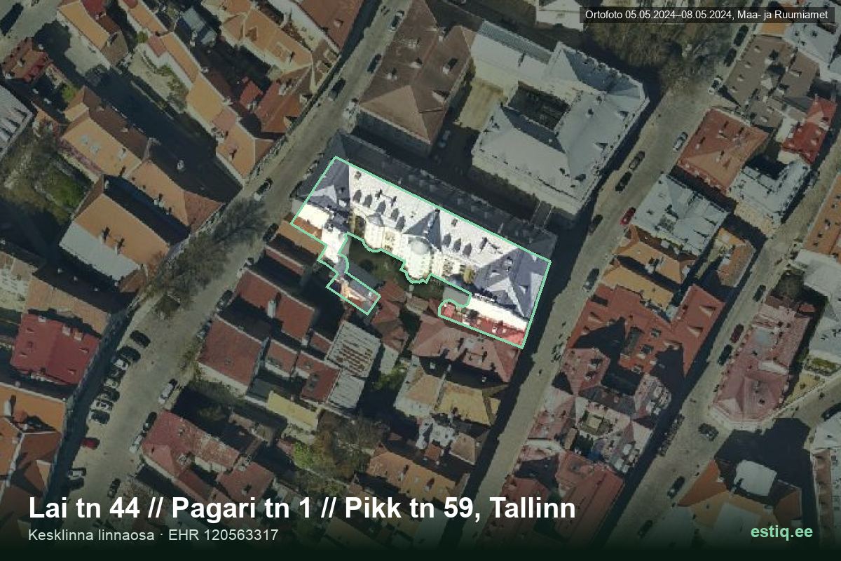 Lai tänav 44, Tallinn – ilmakuva rakennuksesta, ääriviiva rakennusrekisteristä (EHR)