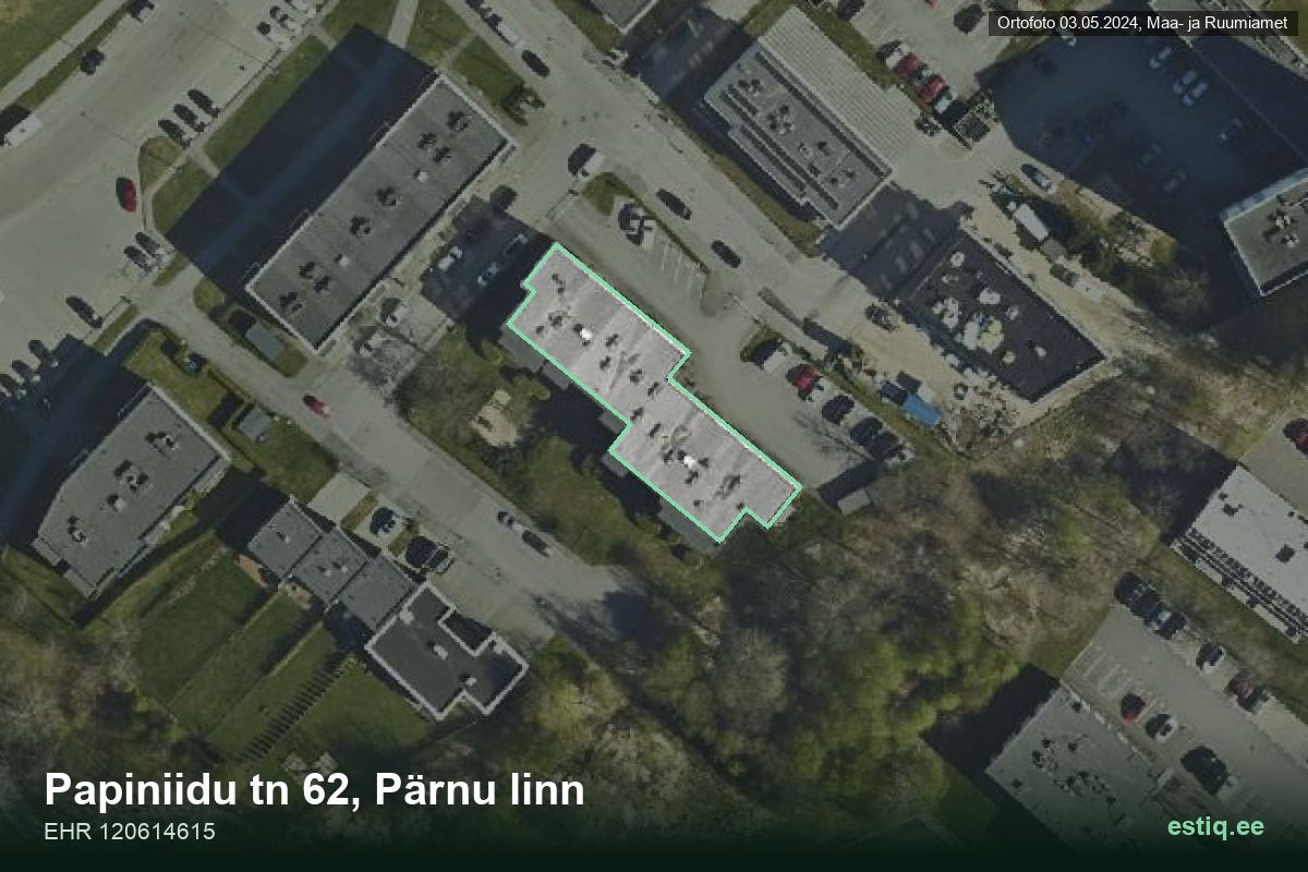 Papiniidu tänav 62, Pärnu – hoone aerofoto, kontuur ehitisregistri (EHR) andmetest
