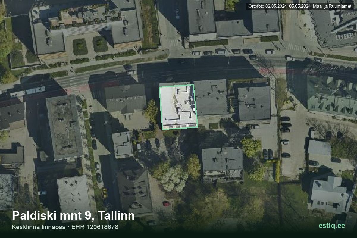Paldiski mnt 9, Tallinn – аэрофото дома, контур по данным регистра строений (EHR)